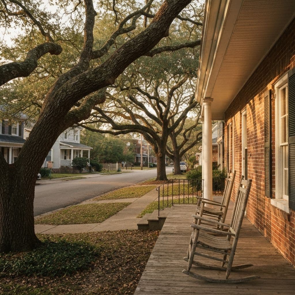 A quiet residential street in Burgaw, NC, shaded by live oaks