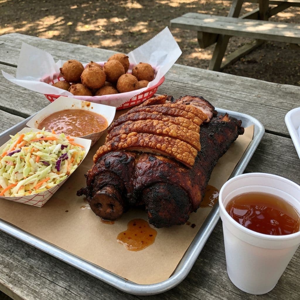 Eastern NC whole-hog barbecue tray with vinegar sauce, coleslaw, and hush puppies