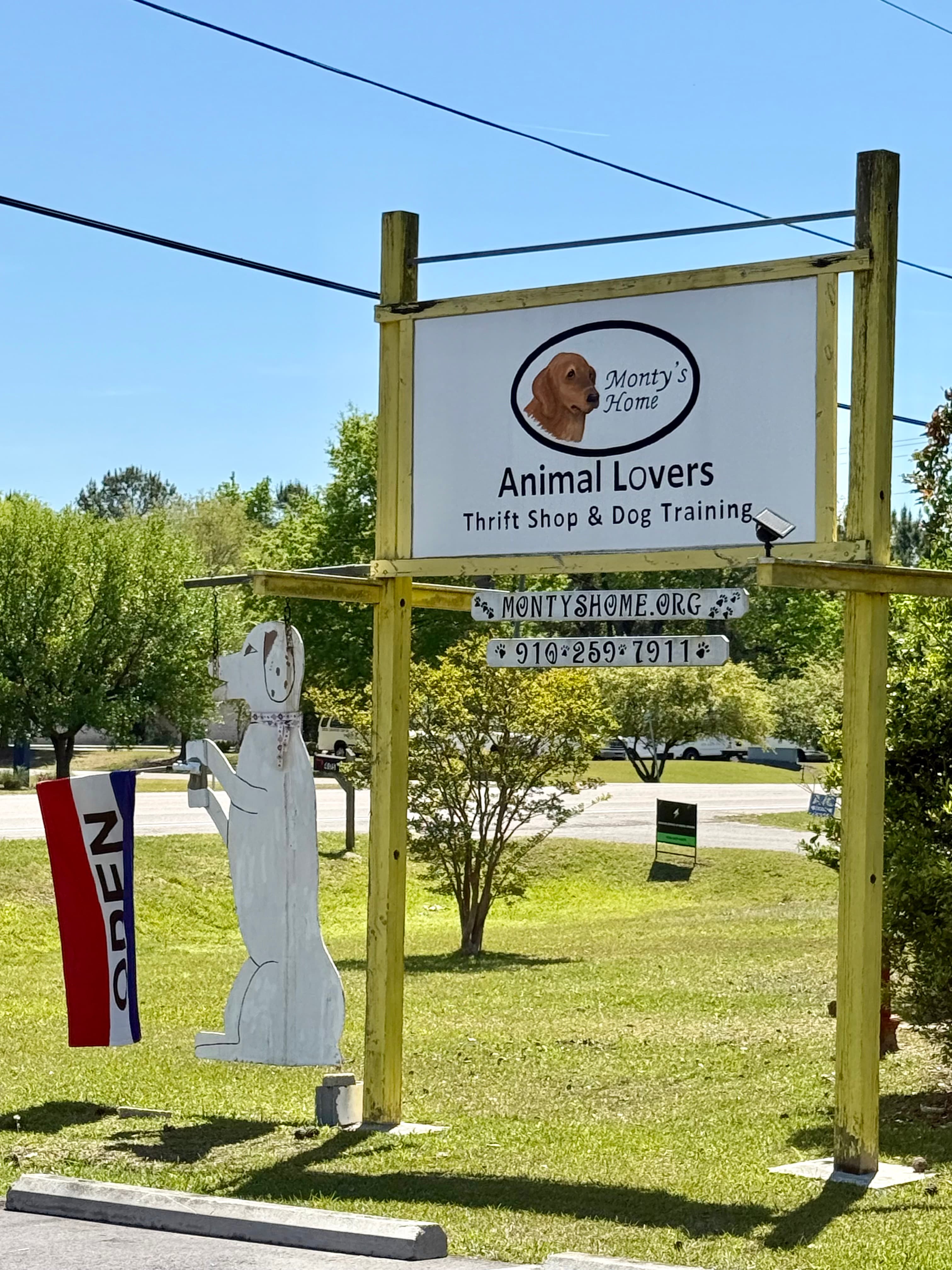 Pet-themed thrift displays and discounted pet goods at Monty's Home in Burgaw