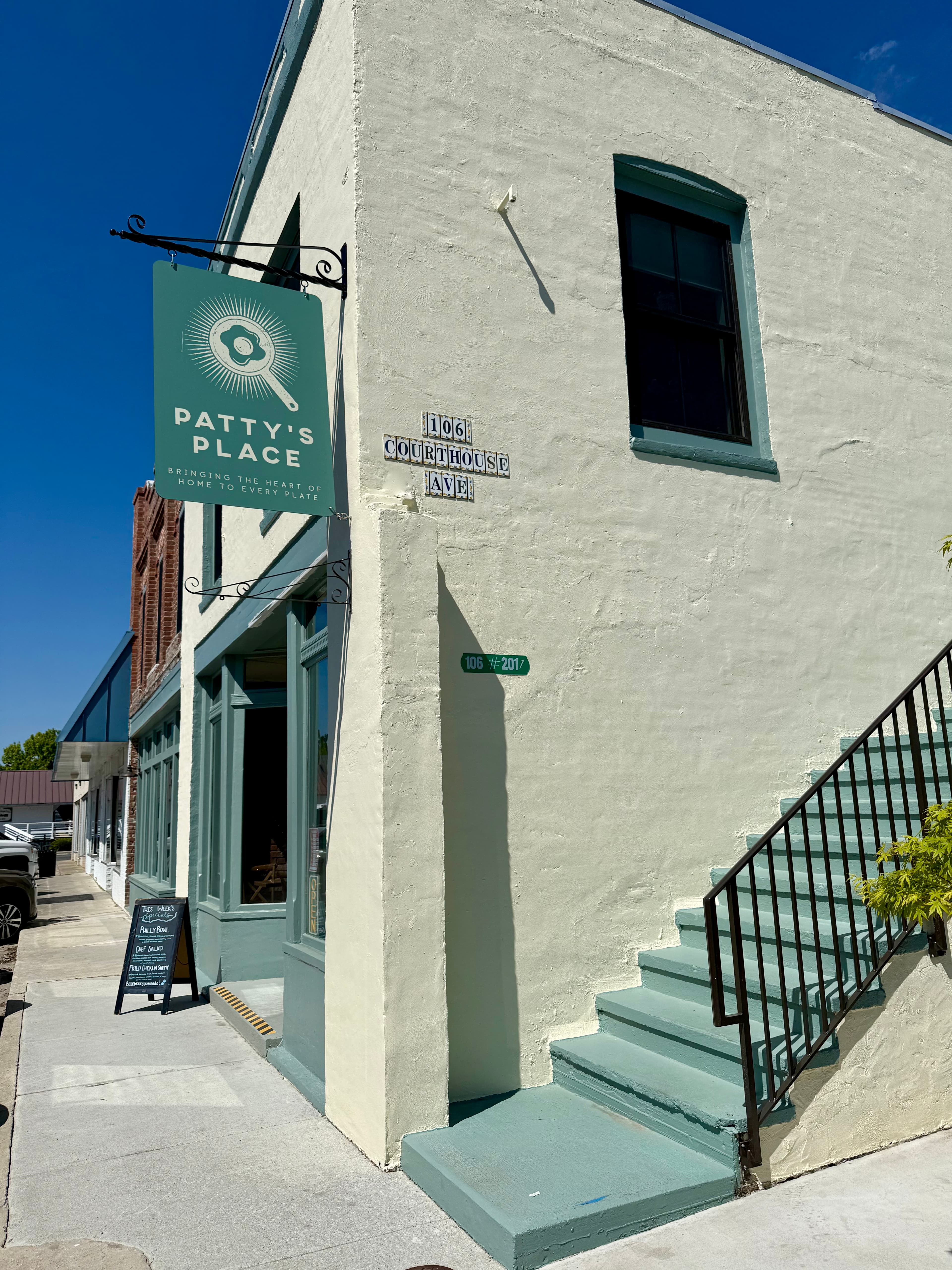 Brunch table at Patty's Place in downtown Burgaw with pancake tacos, avocado toast, and coffee