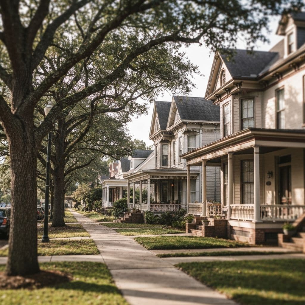 Tree-lined street with historic craftsman homes and wide porches in Burgaw