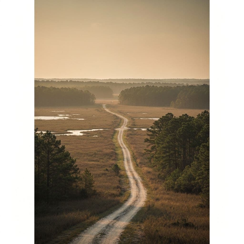 Wild pocosin and longleaf pine flatwoods at Holly Shelter Game Land at golden hour