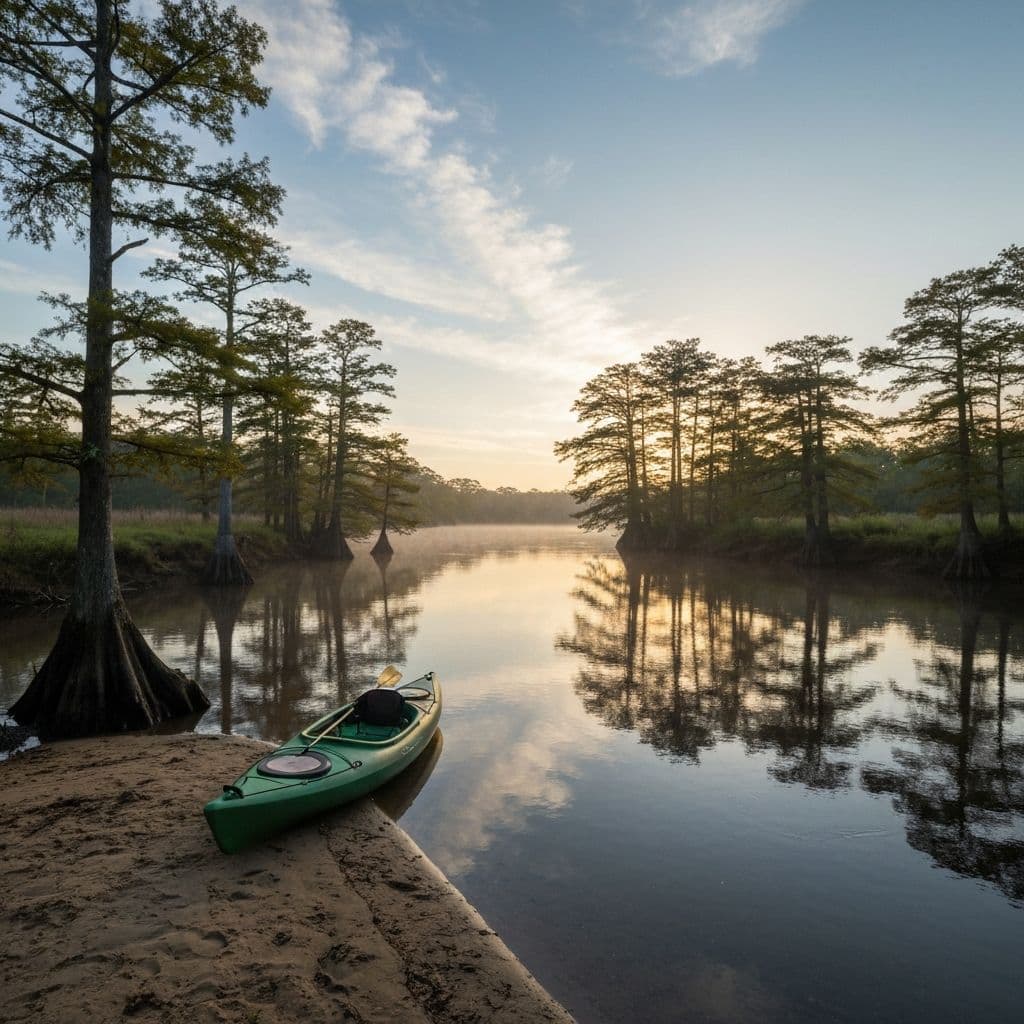 Kayak pulled up on a bank along the Black River