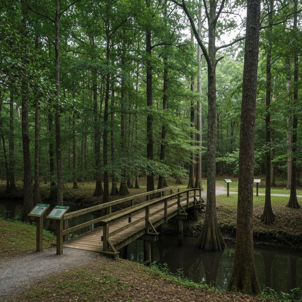 Wooden bridge over Moore's Creek surrounded by bottomland forest
