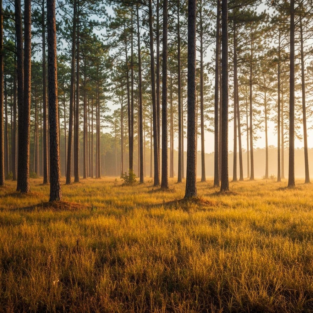 Longleaf pine savanna with tall straight pines and golden grass understory