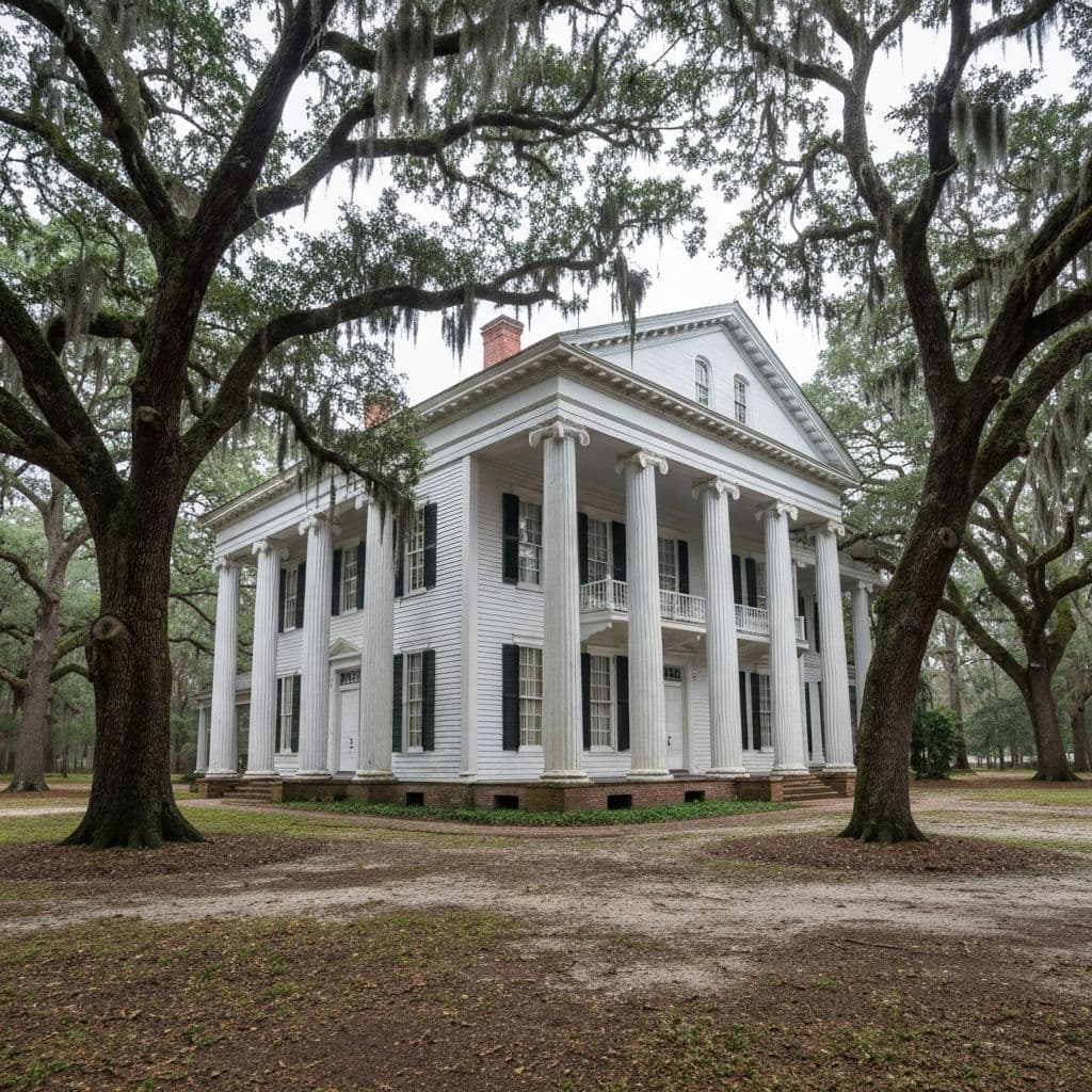 Antebellum Greek Revival plantation house under ancient live oaks