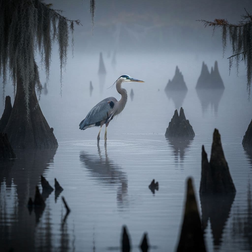 Great blue heron wading in the shallows
