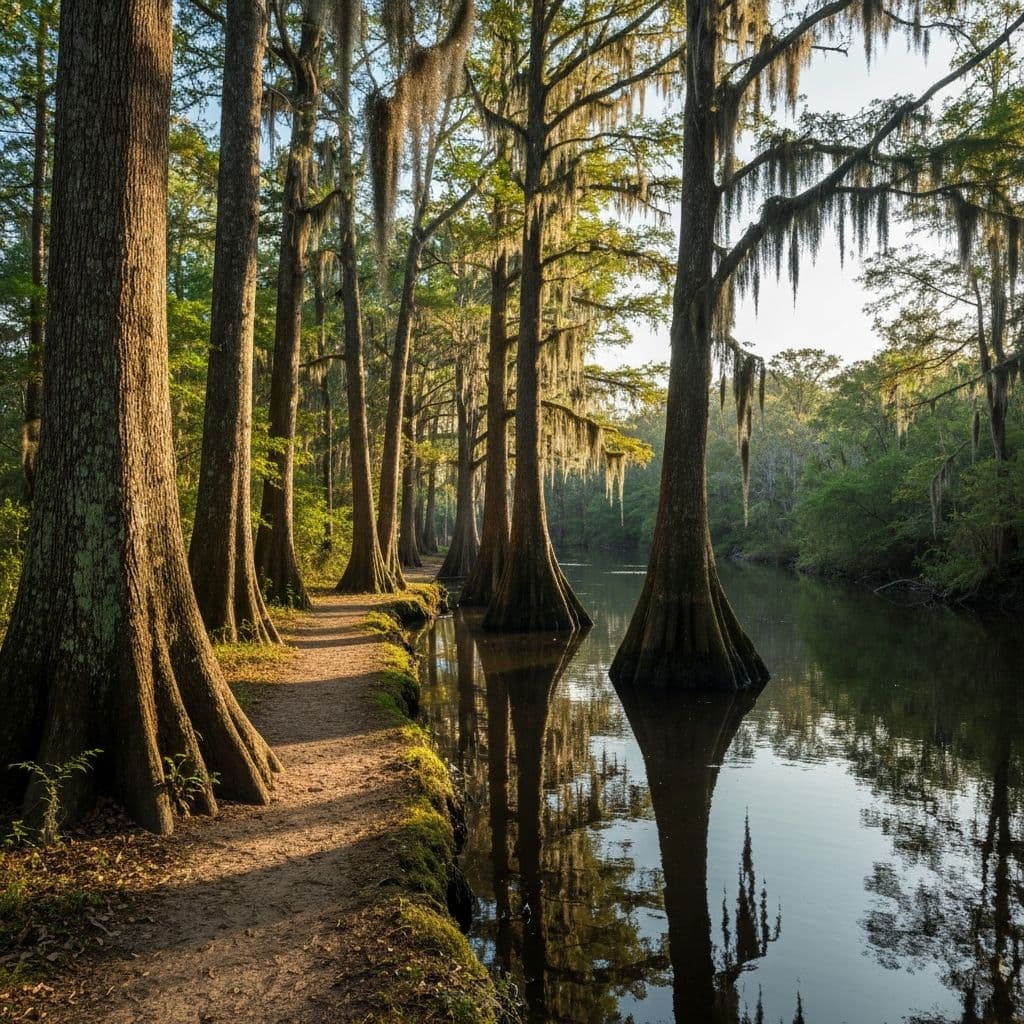 Morning light on the river through cypress trees