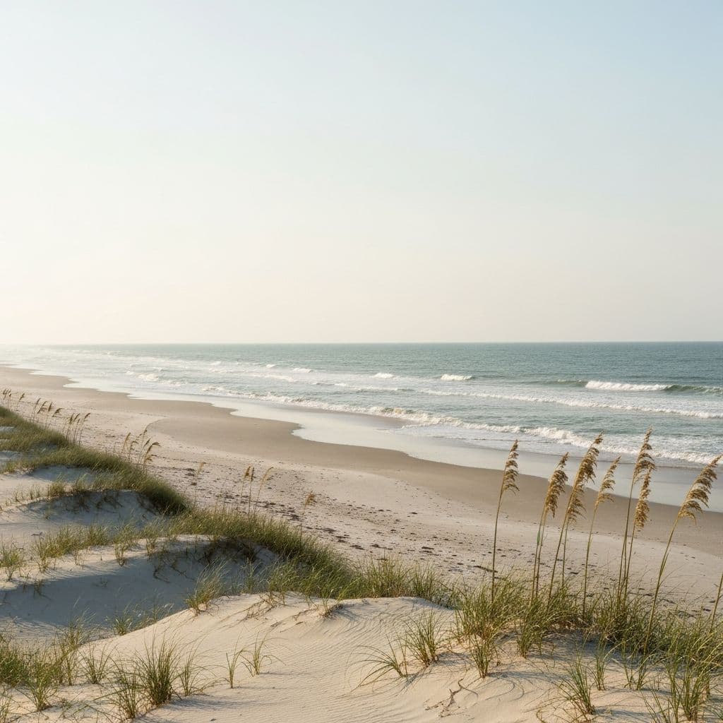 Quiet North Carolina barrier island beach with sea oats and Atlantic surf in off-season