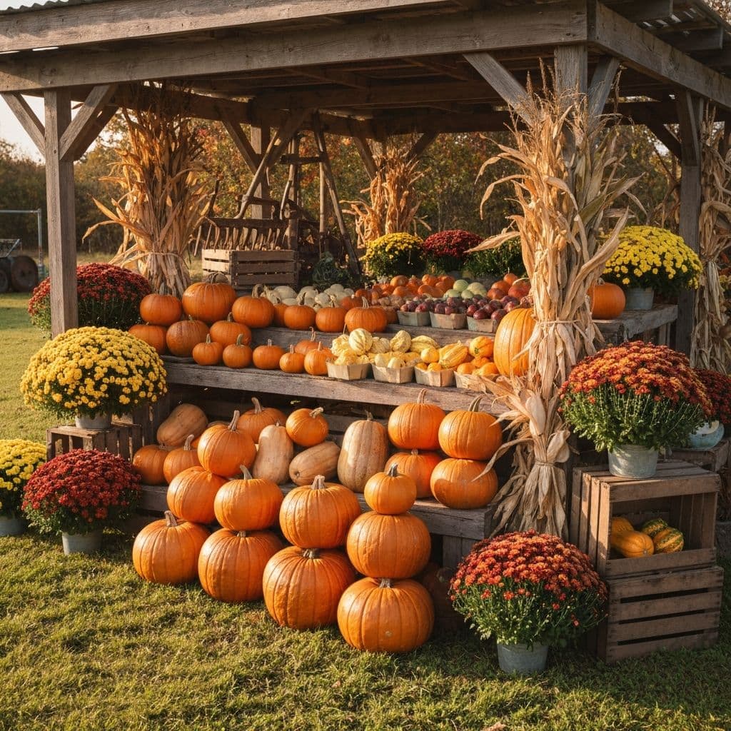 A North Carolina farm stand in autumn with pumpkins and harvest produce