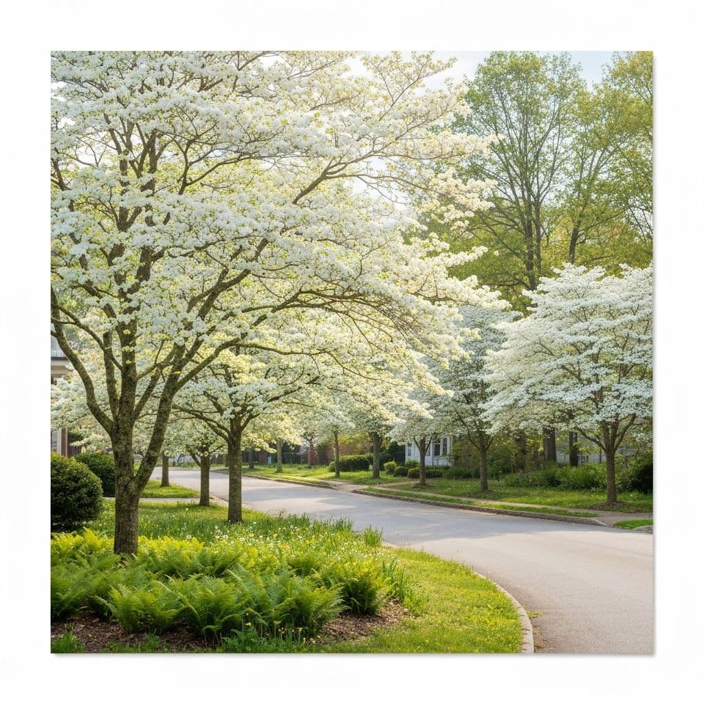 Dogwood trees in bloom along a quiet road in Burgaw, NC