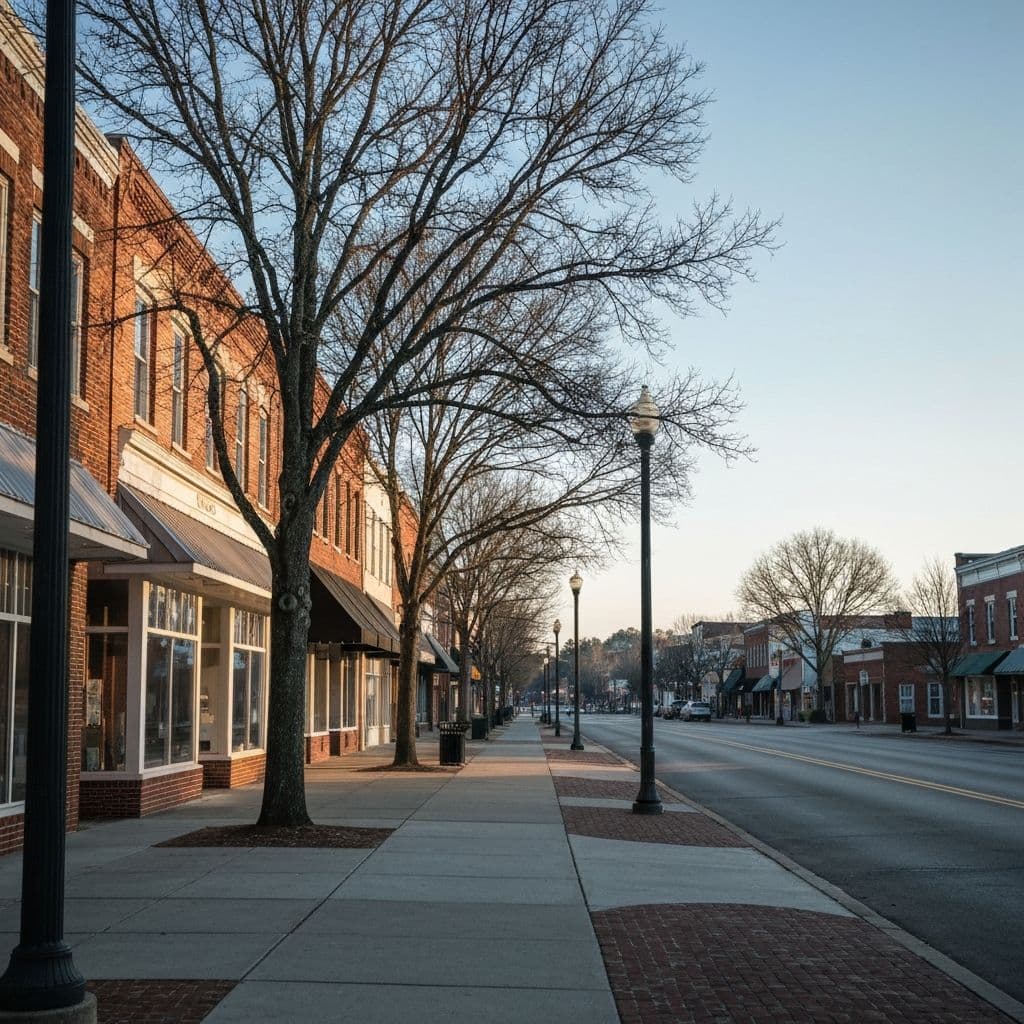A quiet small-town main street on a cold clear morning in Burgaw NC